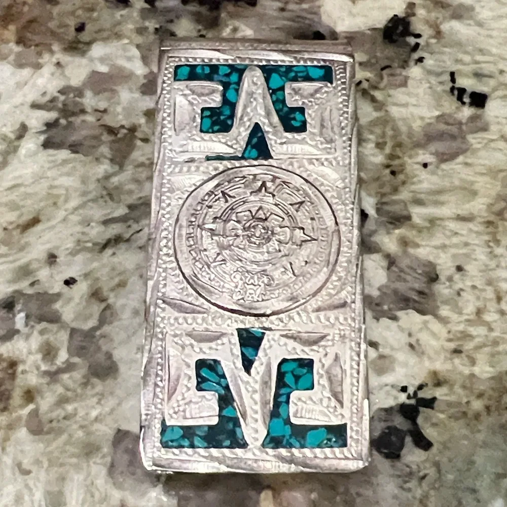 Vintage Alpaca Mexican Silver Money Clip with Genuine Turquoise Inlay